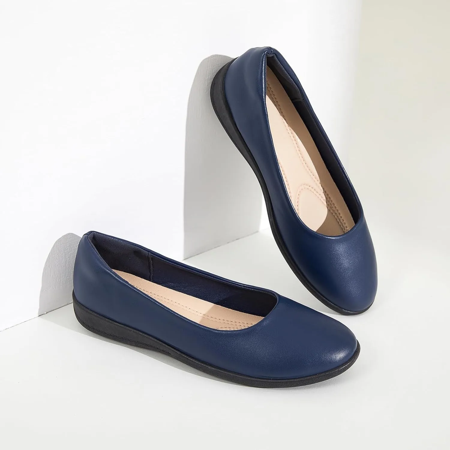 Women's Comfortable Black Leather Dress Ballerina Flats for Office and Work