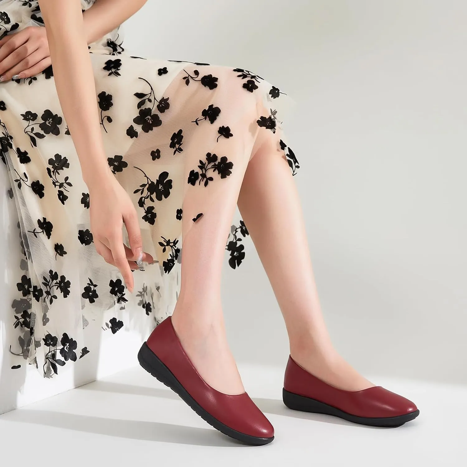 Women's Comfortable Black Leather Dress Ballerina Flats for Office and Work