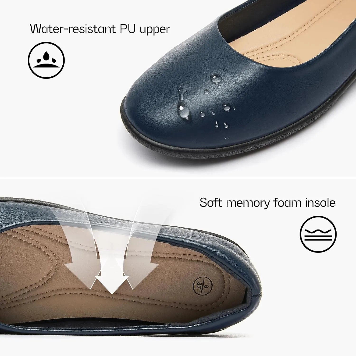 Women's Comfortable Black Leather Dress Ballerina Flats for Office and Work