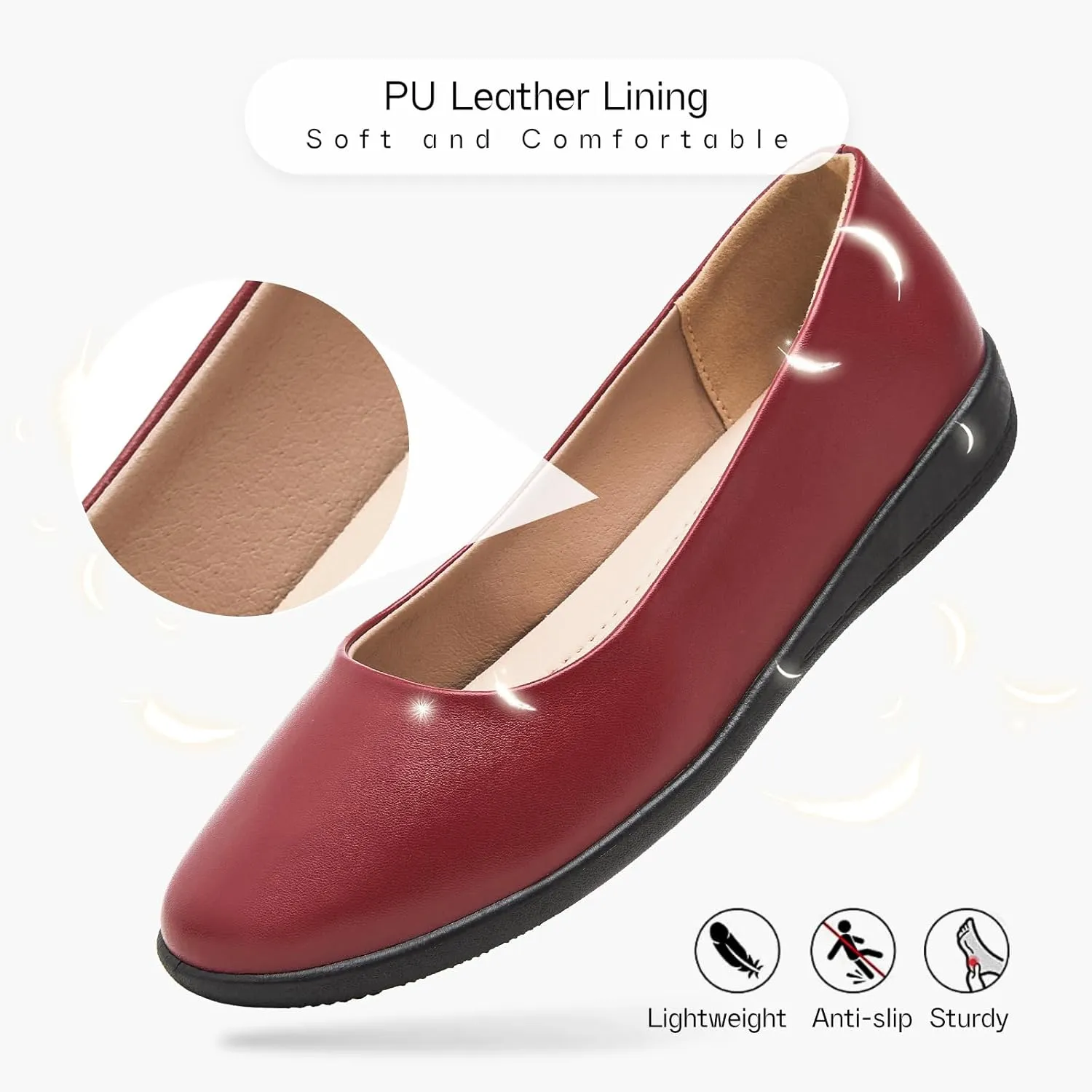 Women's Comfortable Black Leather Dress Ballerina Flats for Office and Work