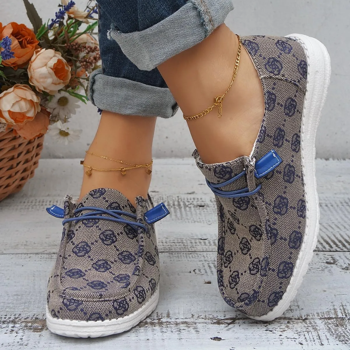 Women's Comfortable Easy Slip On Loafers Shoes Flower Print Lightweight Deck Boat Shoes Elastic Laces Outdoor Flat Walking Shoes Breathable Canvas Sneaker Driving Shoes US Size 6-7-8-9-10.5-11