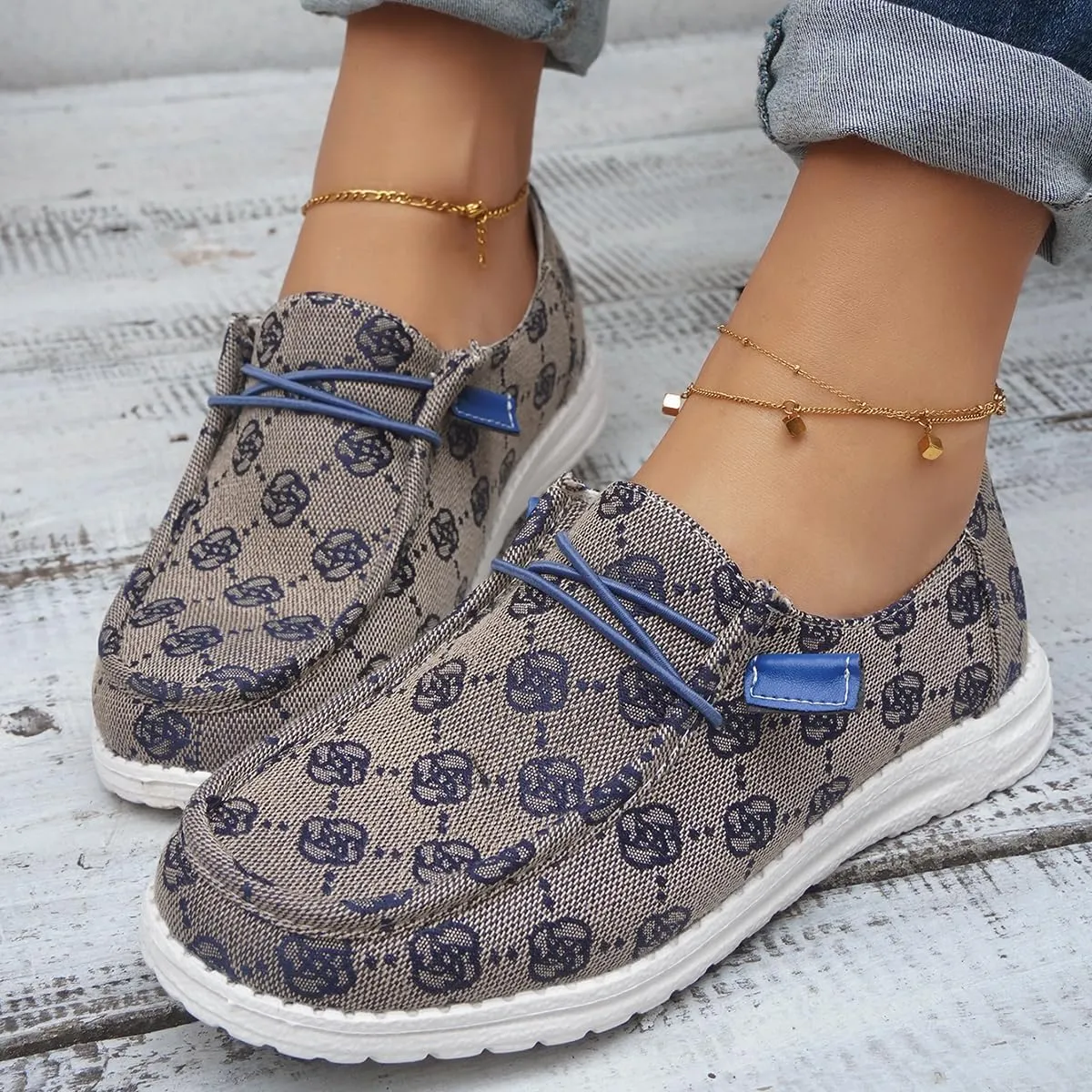 Women's Comfortable Easy Slip On Loafers Shoes Flower Print Lightweight Deck Boat Shoes Elastic Laces Outdoor Flat Walking Shoes Breathable Canvas Sneaker Driving Shoes US Size 6-7-8-9-10.5-11