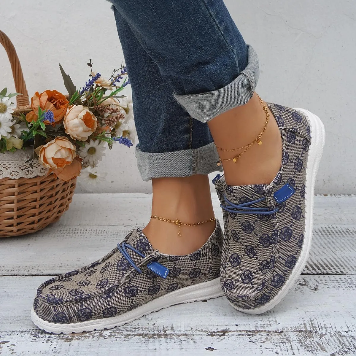 Women's Comfortable Easy Slip On Loafers Shoes Flower Print Lightweight Deck Boat Shoes Elastic Laces Outdoor Flat Walking Shoes Breathable Canvas Sneaker Driving Shoes US Size 6-7-8-9-10.5-11