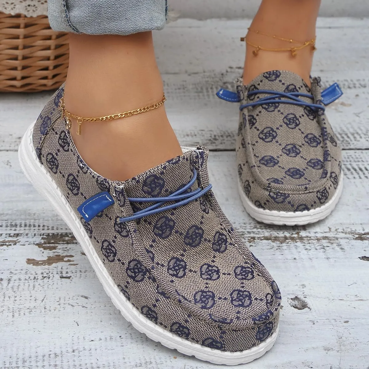 Women's Comfortable Easy Slip On Loafers Shoes Flower Print Lightweight Deck Boat Shoes Elastic Laces Outdoor Flat Walking Shoes Breathable Canvas Sneaker Driving Shoes US Size 6-7-8-9-10.5-11