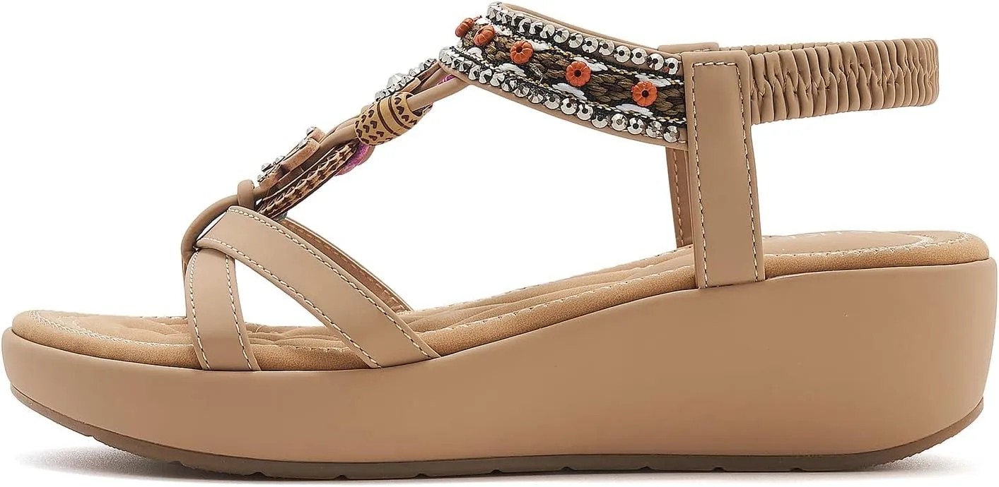 Women's Comfortable Sandal Bohemia Wedge Sandals with Rhinestone Beaded Ankle Strap Sandals Beach