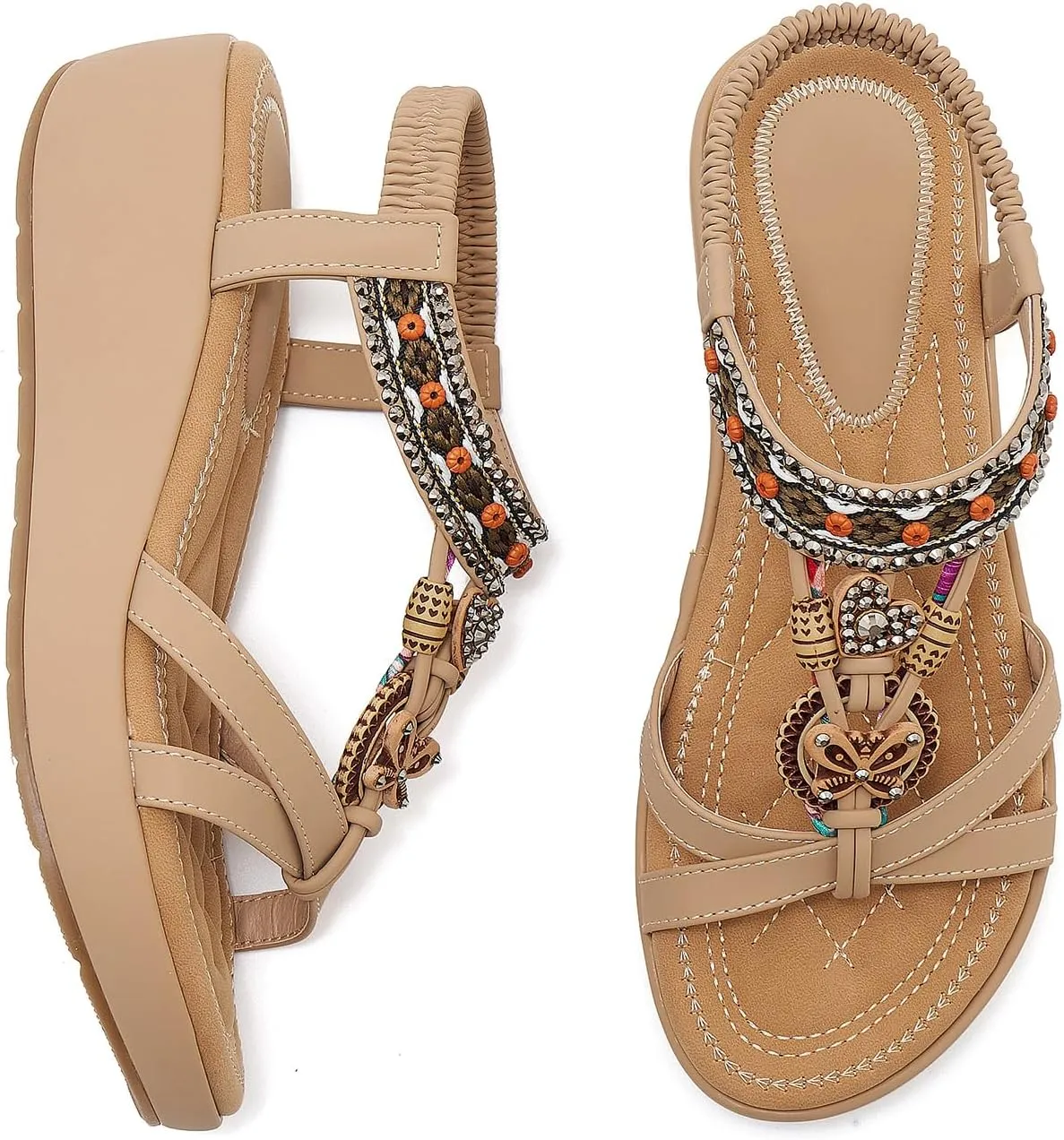 Women's Comfortable Sandal Bohemia Wedge Sandals with Rhinestone Beaded Ankle Strap Sandals Beach