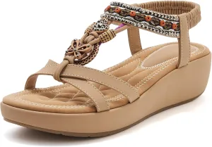 Women's Comfortable Sandal Bohemia Wedge Sandals with Rhinestone Beaded Ankle Strap Sandals Beach