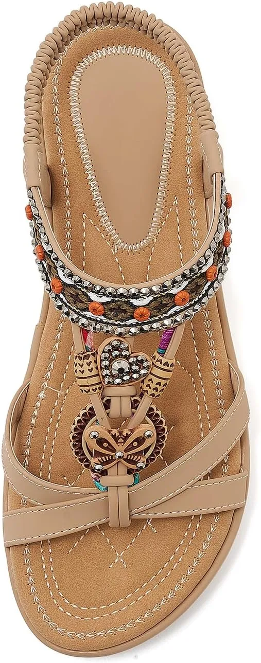 Women's Comfortable Sandal Bohemia Wedge Sandals with Rhinestone Beaded Ankle Strap Sandals Beach