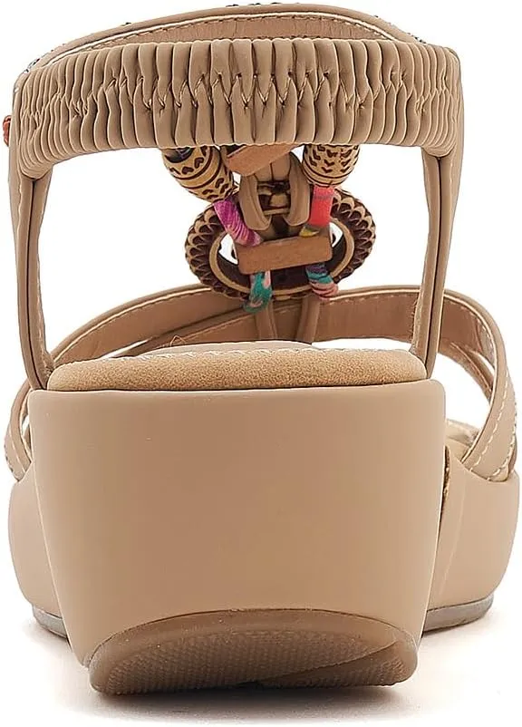 Women's Comfortable Sandal Bohemia Wedge Sandals with Rhinestone Beaded Ankle Strap Sandals Beach