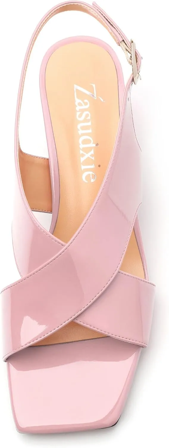 Women's Criss Cross Sandals Square Open Toe Block Chunky Low Heel Slingback Ankle Strap Adjustable with Buckle Patent Dating Fashion Dress Shoes 2 Inch