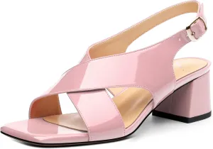 Women's Criss Cross Sandals Square Open Toe Block Chunky Low Heel Slingback Ankle Strap Adjustable with Buckle Patent Dating Fashion Dress Shoes 2 Inch