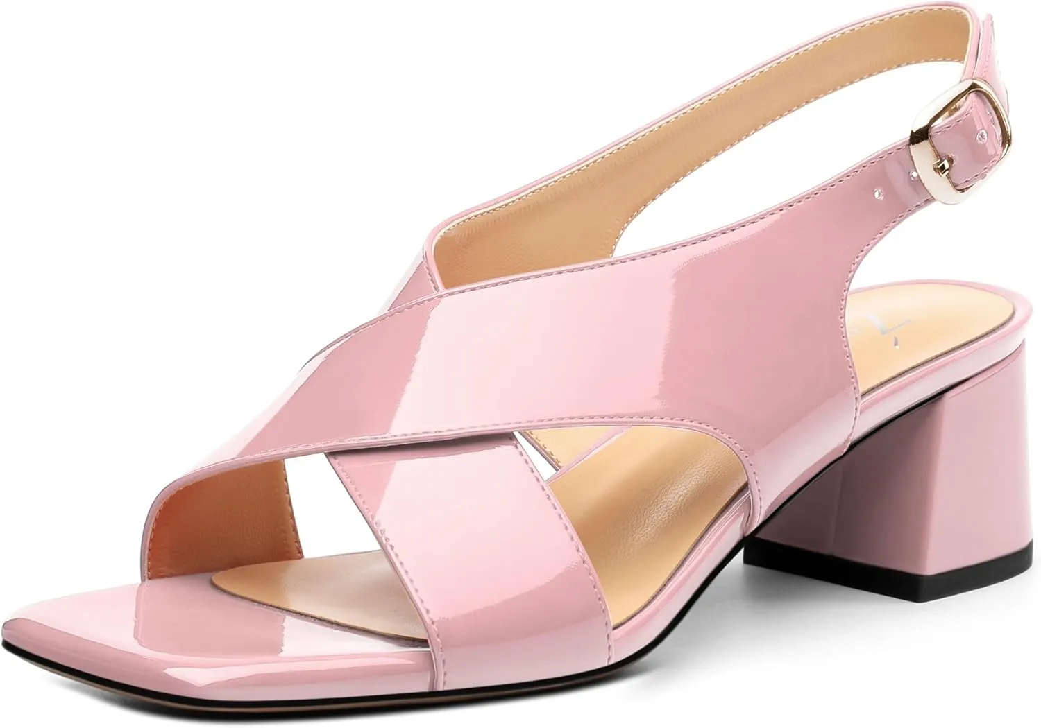 Women's Criss Cross Sandals Square Open Toe Block Chunky Low Heel Slingback Ankle Strap Adjustable with Buckle Patent Dating Fashion Dress Shoes 2 Inch