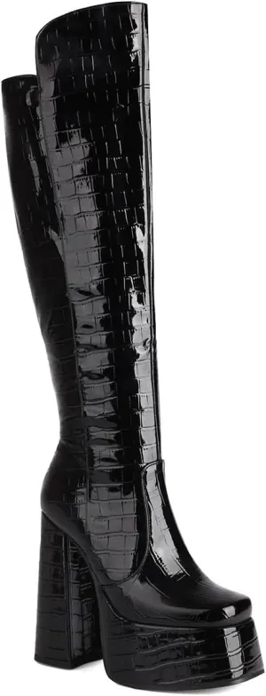 Women's Crocodile Chunky Heel Platform Square toe Knee High Boots Side Zipper Tall Boots Comfortable Stylish High heels Winter Boots