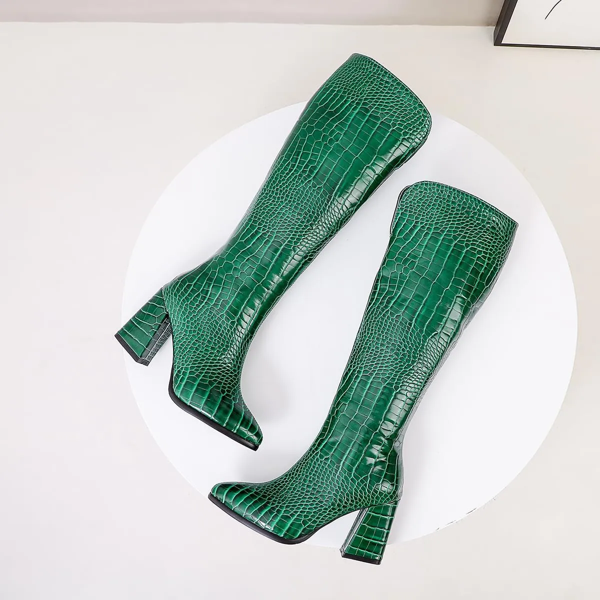 Women's Crocodile Chunky Heel Pointed toe Side Zipper Knee High Boots Faux Leather Tall Boots Soft Fur Lining Comfortable Stylish Winter Boots