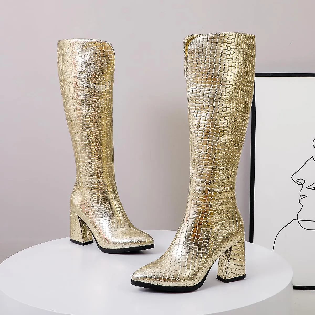 Women's Crocodile Chunky Heel Pointed toe Side Zipper Knee High Boots Faux Leather Tall Boots Soft Fur Lining Comfortable Stylish Winter Boots