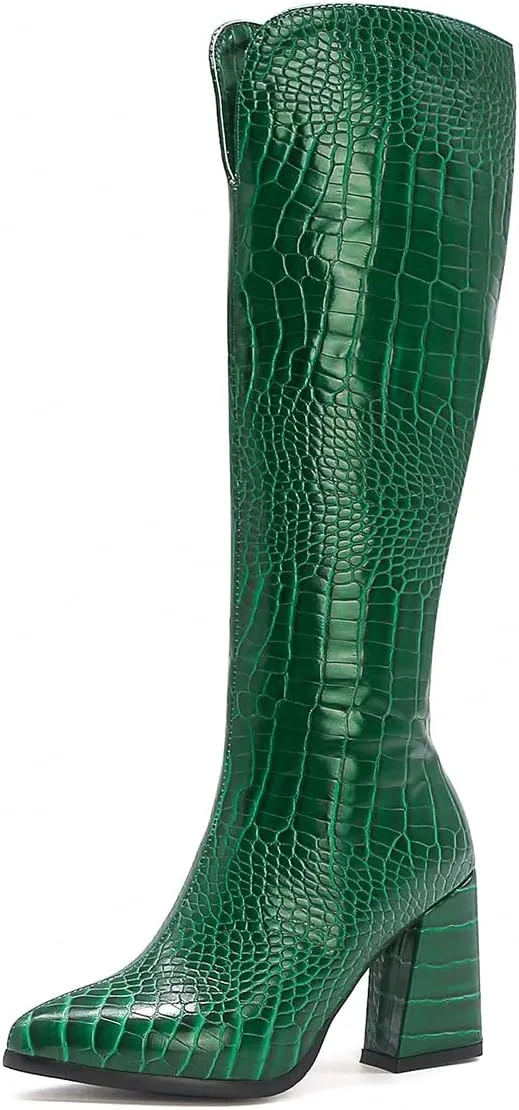 Women's Crocodile Chunky Heel Pointed toe Side Zipper Knee High Boots Faux Leather Tall Boots Soft Fur Lining Comfortable Stylish Winter Boots