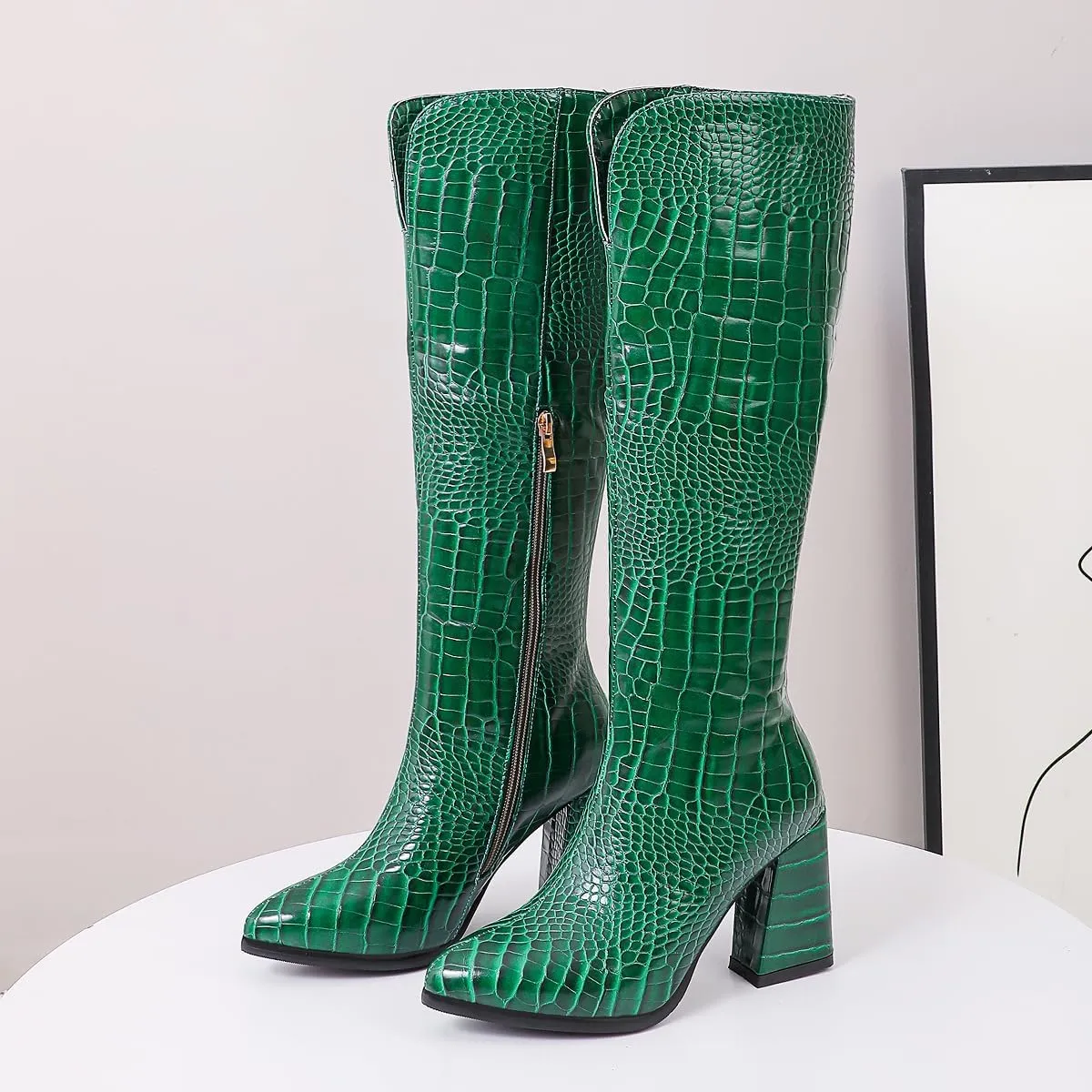 Women's Crocodile Chunky Heel Pointed toe Side Zipper Knee High Boots Faux Leather Tall Boots Soft Fur Lining Comfortable Stylish Winter Boots