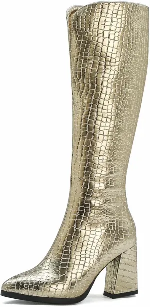 Women's Crocodile Chunky Heel Pointed toe Side Zipper Knee High Boots Faux Leather Tall Boots Soft Fur Lining Comfortable Stylish Winter Boots