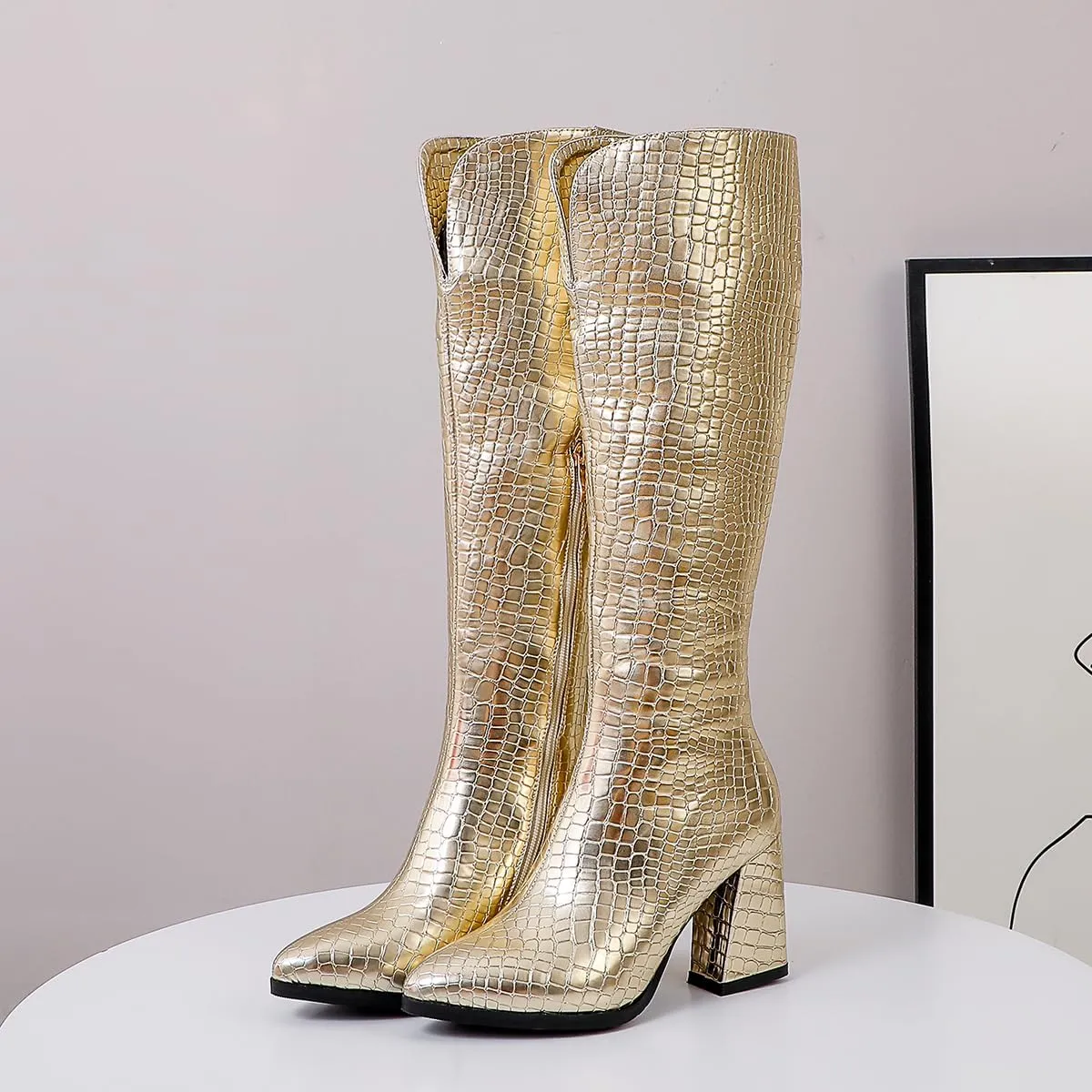Women's Crocodile Chunky Heel Pointed toe Side Zipper Knee High Boots Faux Leather Tall Boots Soft Fur Lining Comfortable Stylish Winter Boots