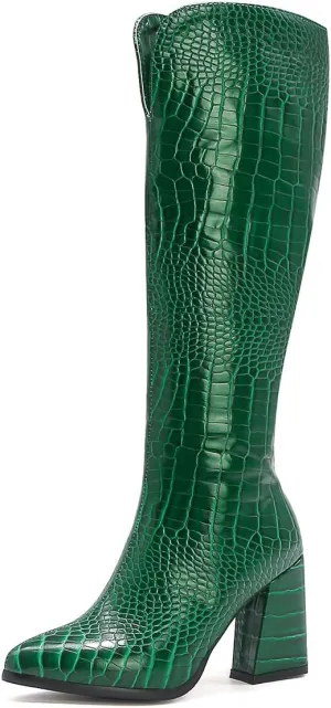 Women's Crocodile Chunky Heel Pointed toe Side Zipper Knee High Boots Faux Leather Tall Boots Soft Fur Lining Comfortable Stylish Winter Boots
