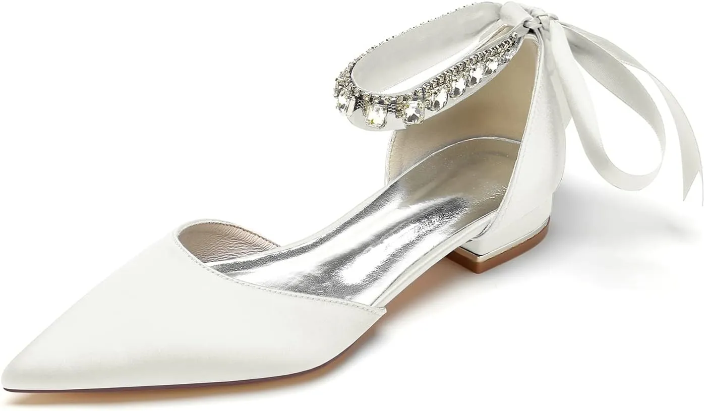 Women's Crystal Pointed Toe Satin Flats Wedding Shoes for Bride Closed Toe Bridal Shoes Ankle Strap Prom Party Dress Pumps with Bow