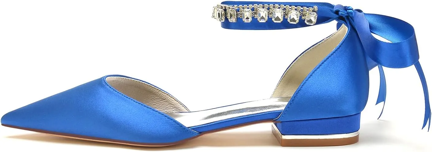 Women's Crystal Pointed Toe Satin Flats Wedding Shoes for Bride Closed Toe Bridal Shoes Ankle Strap Prom Party Dress Pumps with Bow