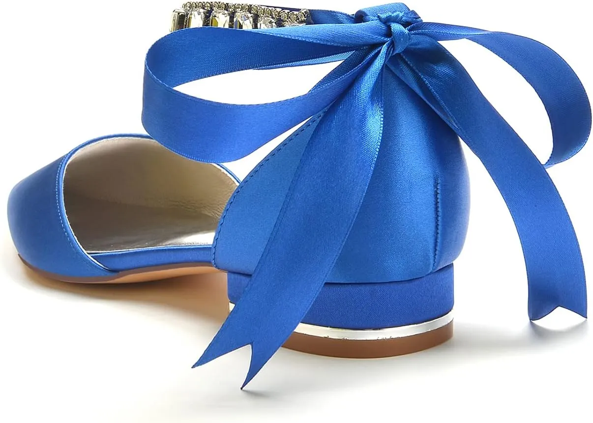 Women's Crystal Pointed Toe Satin Flats Wedding Shoes for Bride Closed Toe Bridal Shoes Ankle Strap Prom Party Dress Pumps with Bow