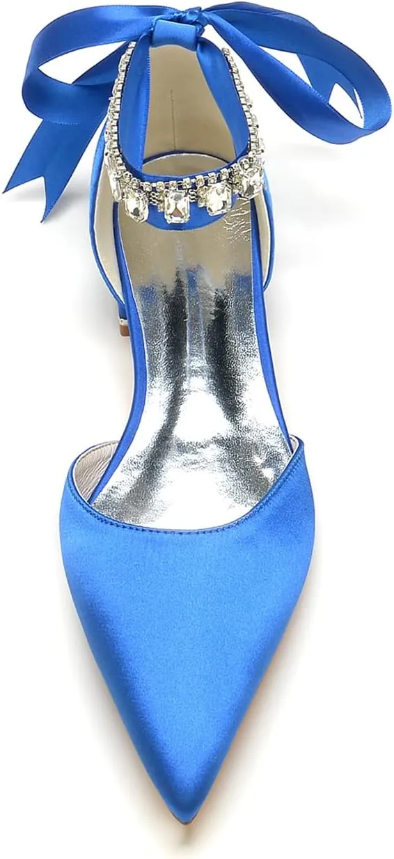 Women's Crystal Pointed Toe Satin Flats Wedding Shoes for Bride Closed Toe Bridal Shoes Ankle Strap Prom Party Dress Pumps with Bow