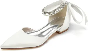 Women's Crystal Pointed Toe Satin Flats Wedding Shoes for Bride Closed Toe Bridal Shoes Ankle Strap Prom Party Dress Pumps with Bow