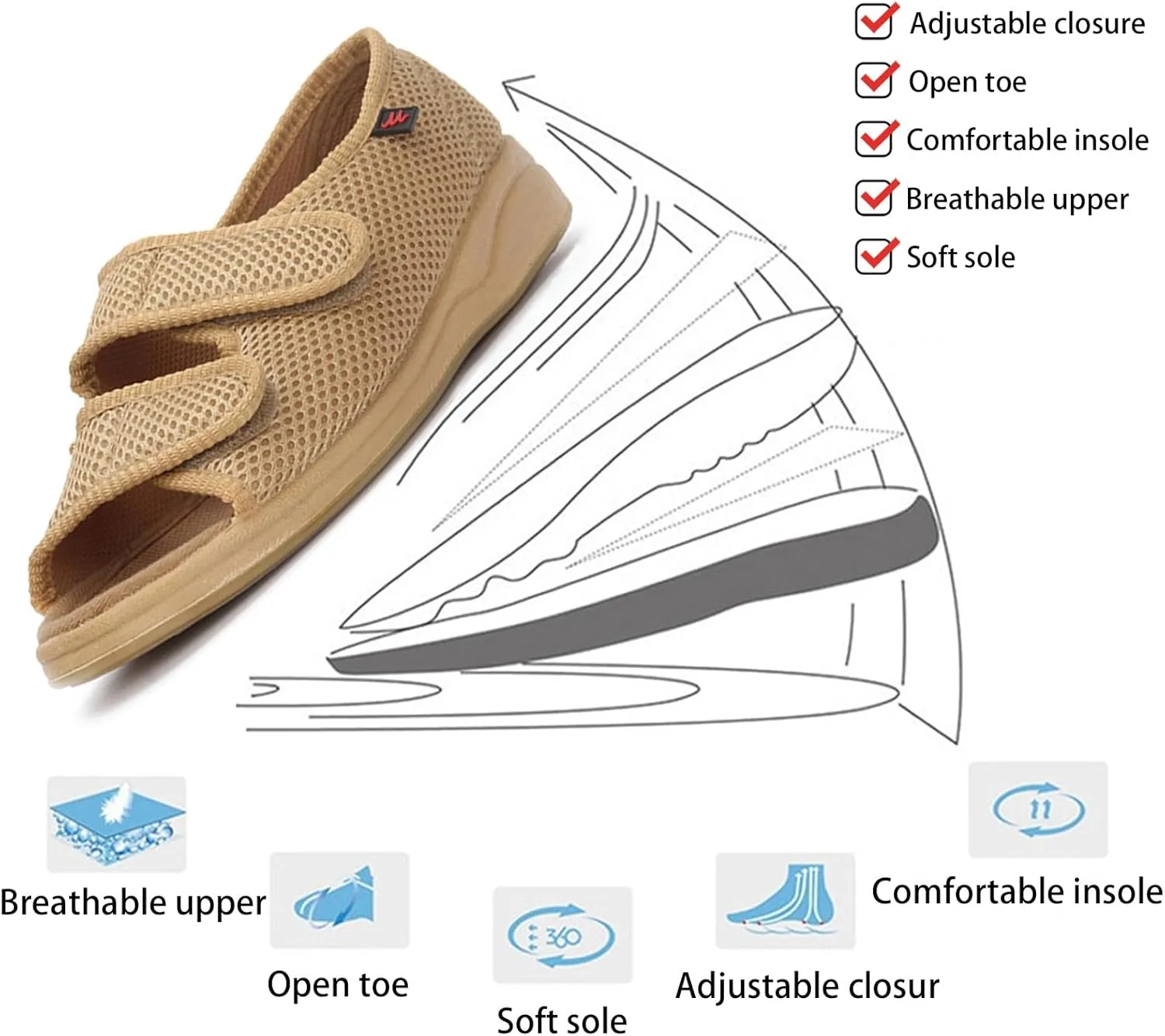 Women's Diabetic Sandals Arthritis Edema Slippers Open Toe Adjustable Extra Wide Width Shoes for Swollen Feet Arthritis Elderly