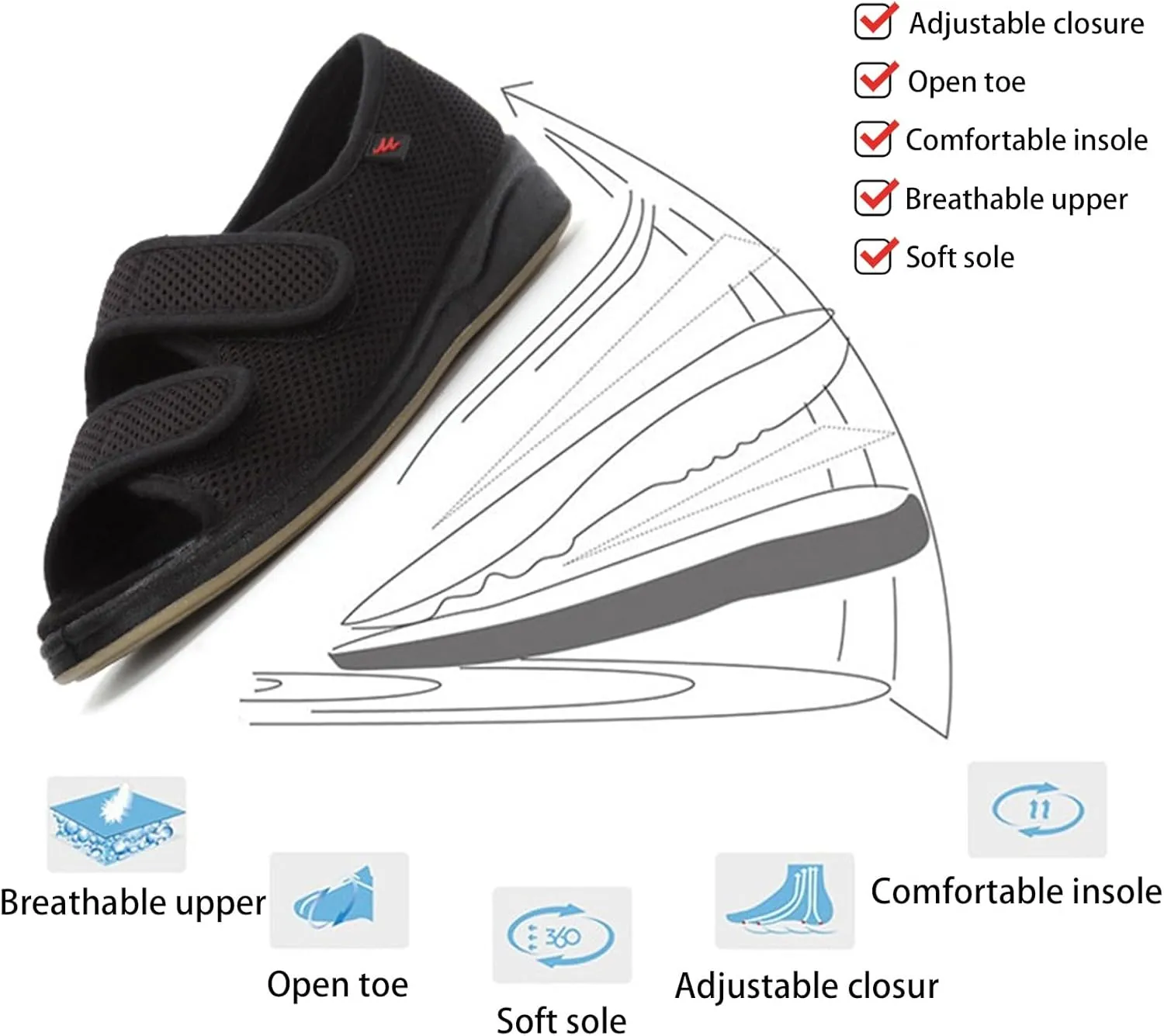 Women's Diabetic Sandals Arthritis Edema Slippers Open Toe Adjustable Extra Wide Width Shoes for Swollen Feet Arthritis Elderly