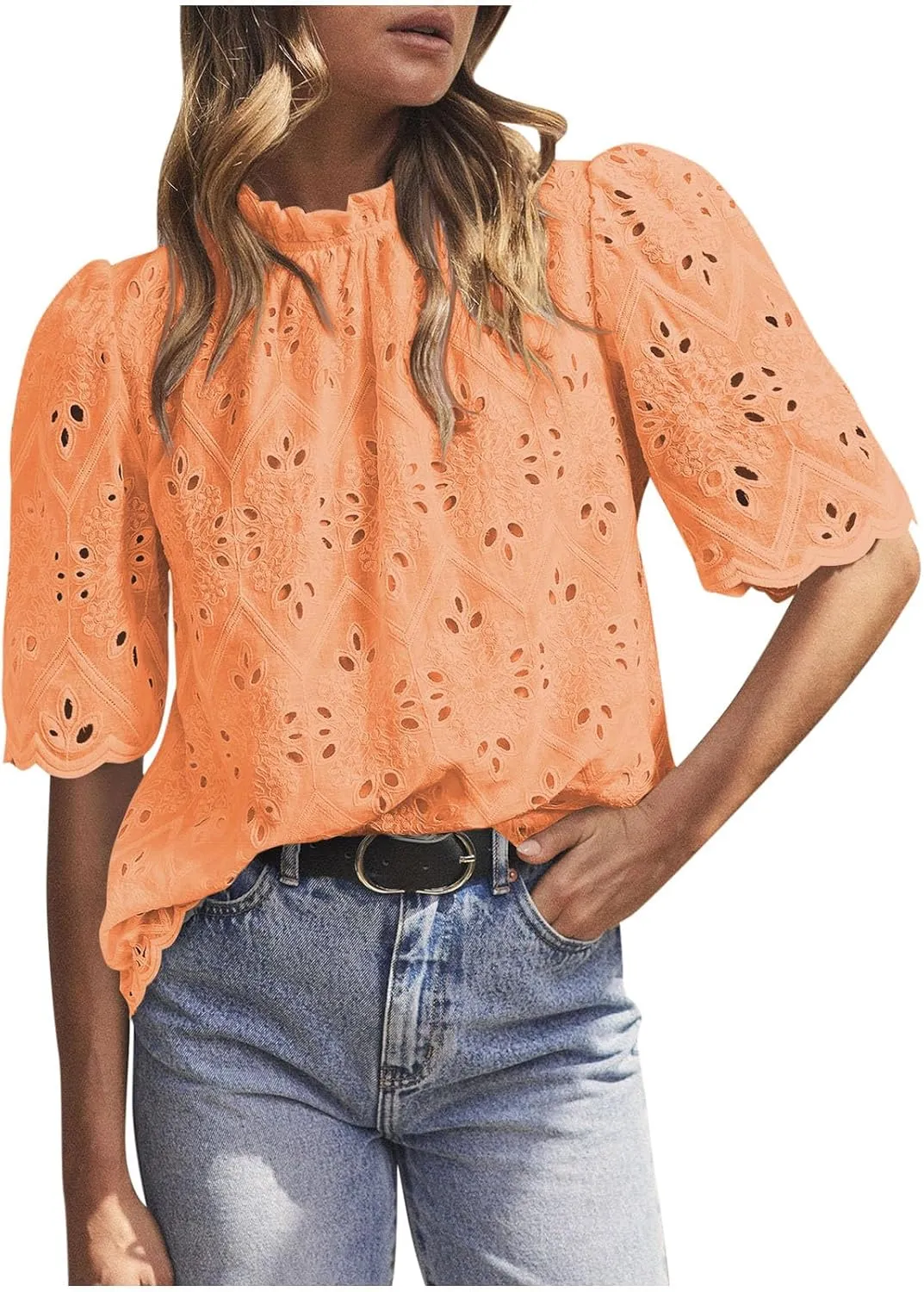 Womens Elbow Length Mock Neck Crochet Jacquard Tops Dressy Elegant Blouse Trendy Casual Hollow Out Shirts