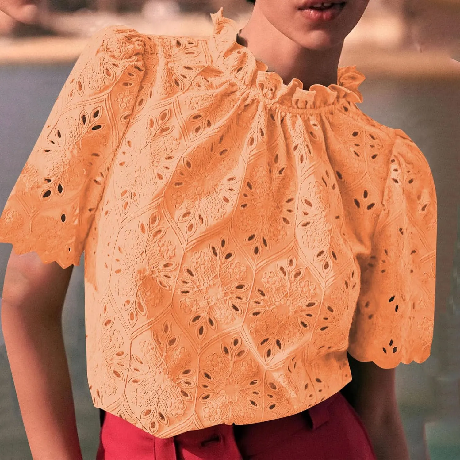 Womens Elbow Length Mock Neck Crochet Jacquard Tops Dressy Elegant Blouse Trendy Casual Hollow Out Shirts