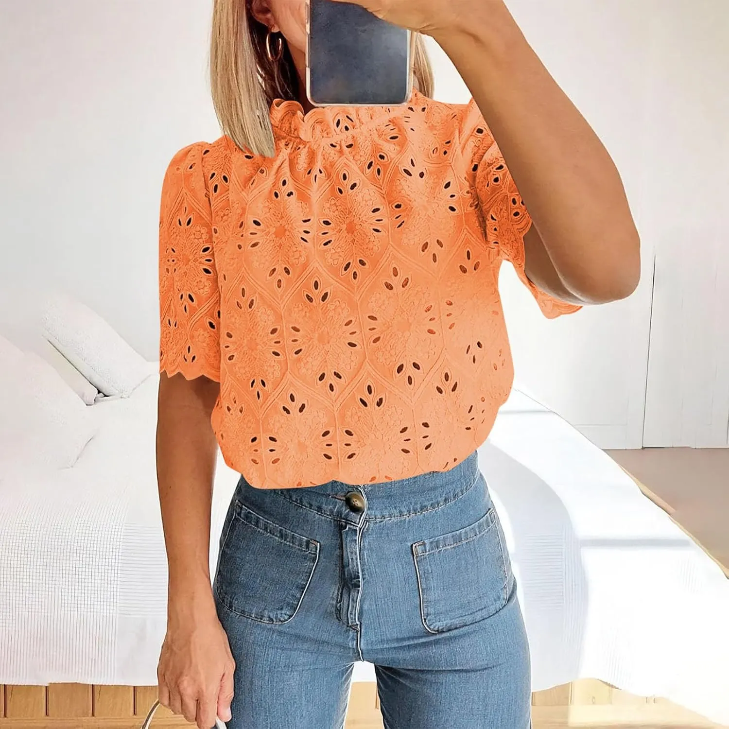 Womens Elbow Length Mock Neck Crochet Jacquard Tops Dressy Elegant Blouse Trendy Casual Hollow Out Shirts