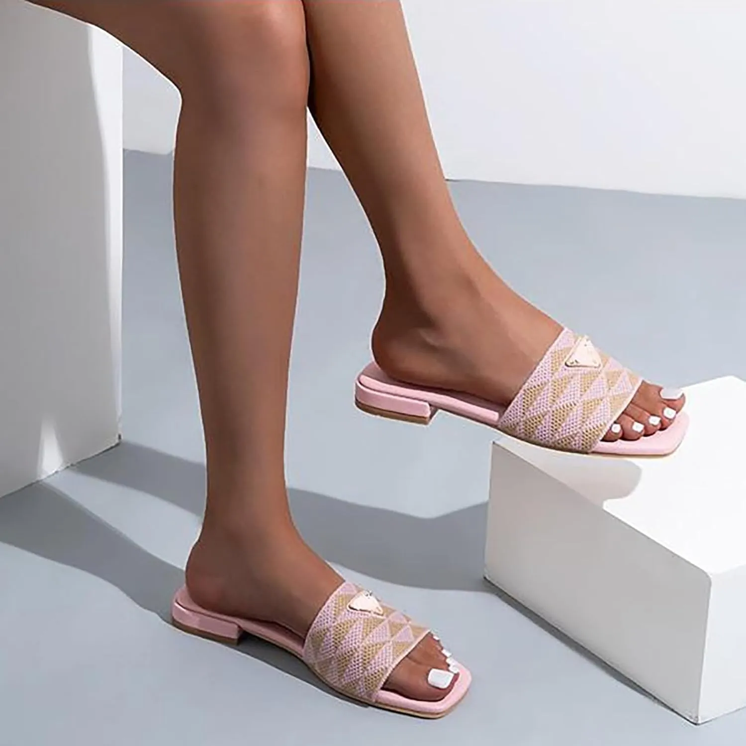 Womens Embroidered Flat Sandals Comfortable Slip On Slide Sandals
