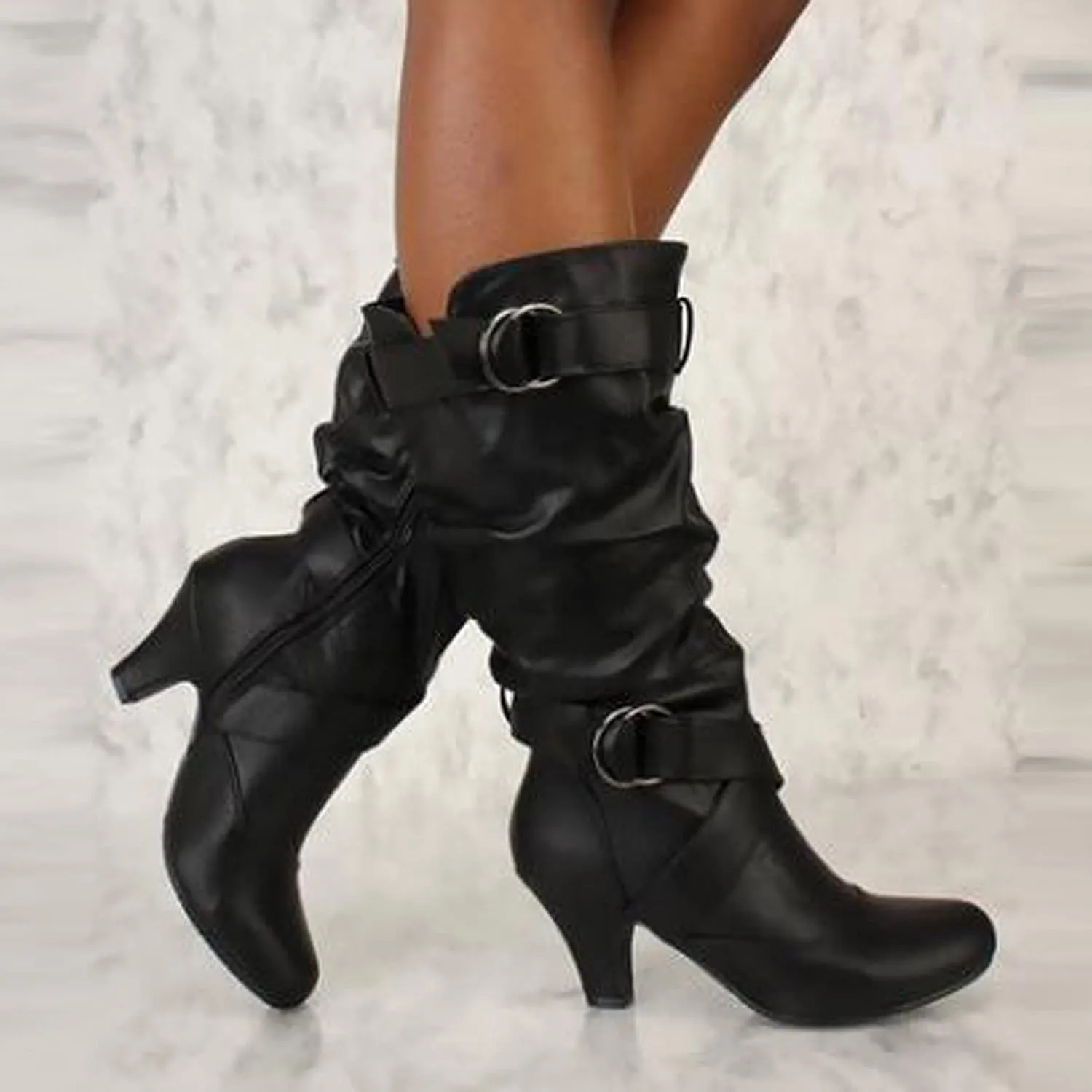 Women's Fashion Extra Wide Calf Mid Calf Boots Chunky Block Heel Pull On Winter Slouchy Boots Outdoors Pointed Toe Fall Winter Boot Shoes