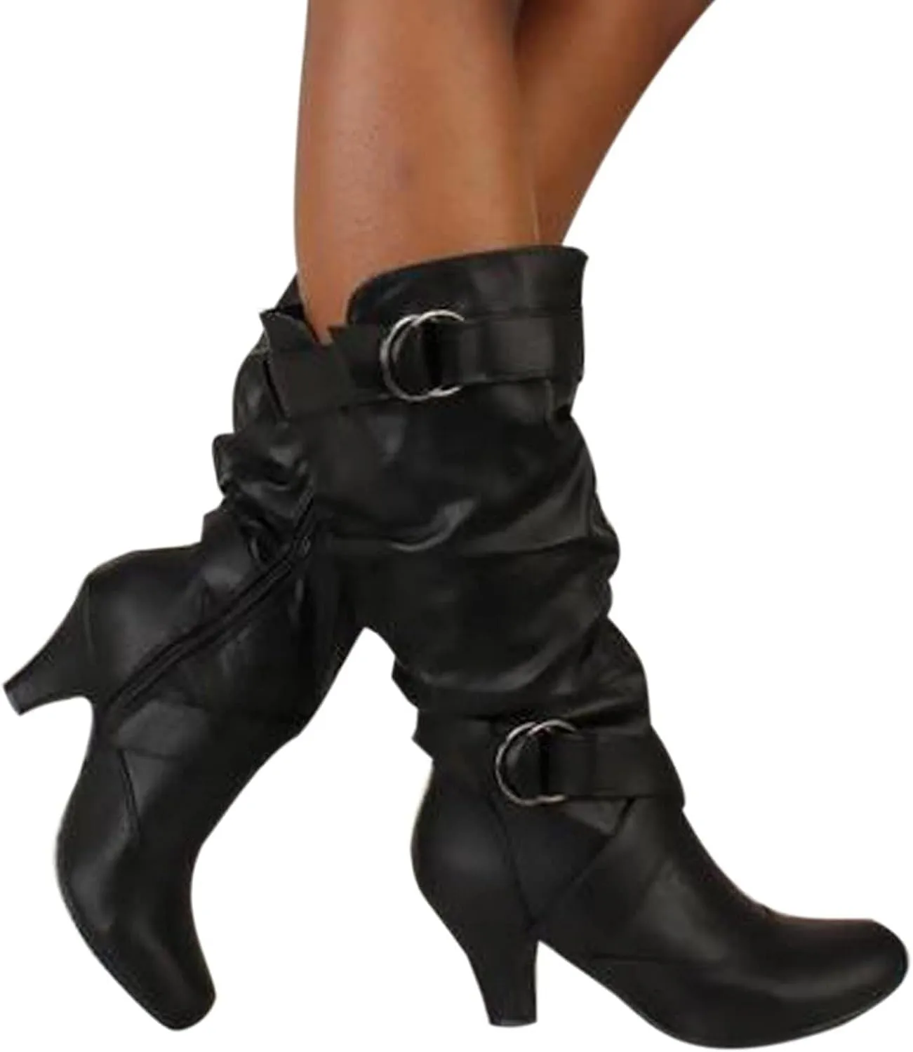 Women's Fashion Extra Wide Calf Mid Calf Boots Chunky Block Heel Pull On Winter Slouchy Boots Outdoors Pointed Toe Fall Winter Boot Shoes