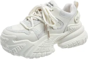 Womens Fashion Lace-Up Leather Platform Sneakers Round Toe Non-Slip Chunky Casual Sport Shoes for Walking Workout Driving Women's Fashion Sneakers