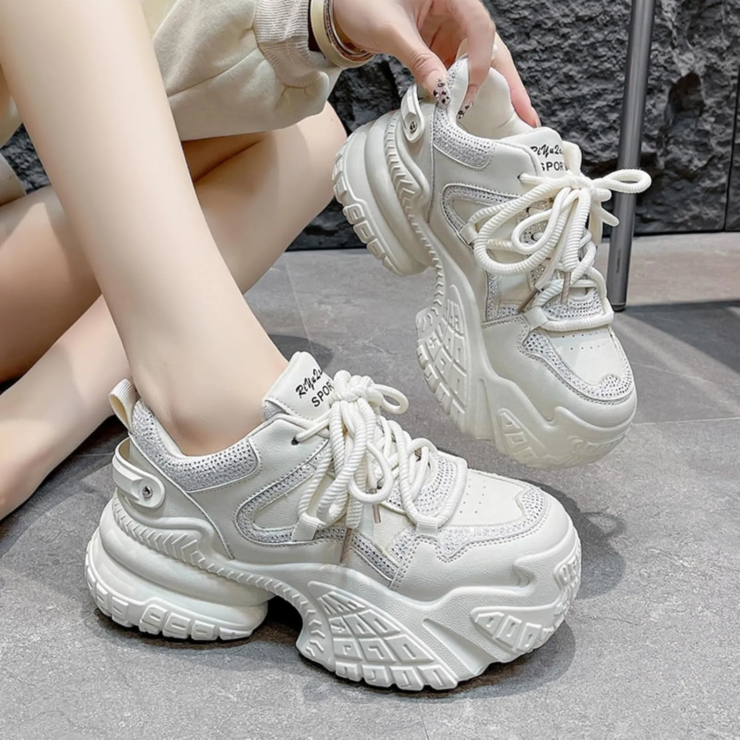 Womens Fashion Lace-Up Leather Platform Sneakers Round Toe Non-Slip Chunky Casual Sport Shoes for Walking Workout Driving Women's Fashion Sneakers
