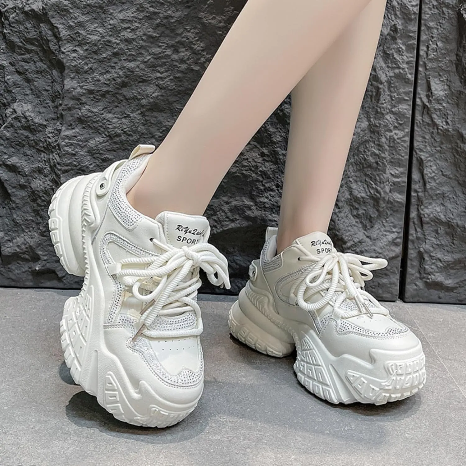 Womens Fashion Lace-Up Leather Platform Sneakers Round Toe Non-Slip Chunky Casual Sport Shoes for Walking Workout Driving Women's Fashion Sneakers