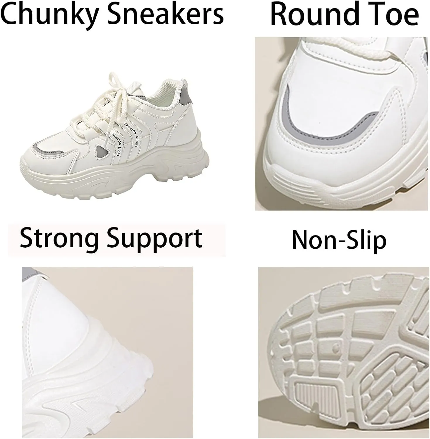 Womens Fashion Leather Lace-Up Chunky Sneakers Casual Platform Round Toe Non-Slip Sport Shoes for Walking Workout Driving