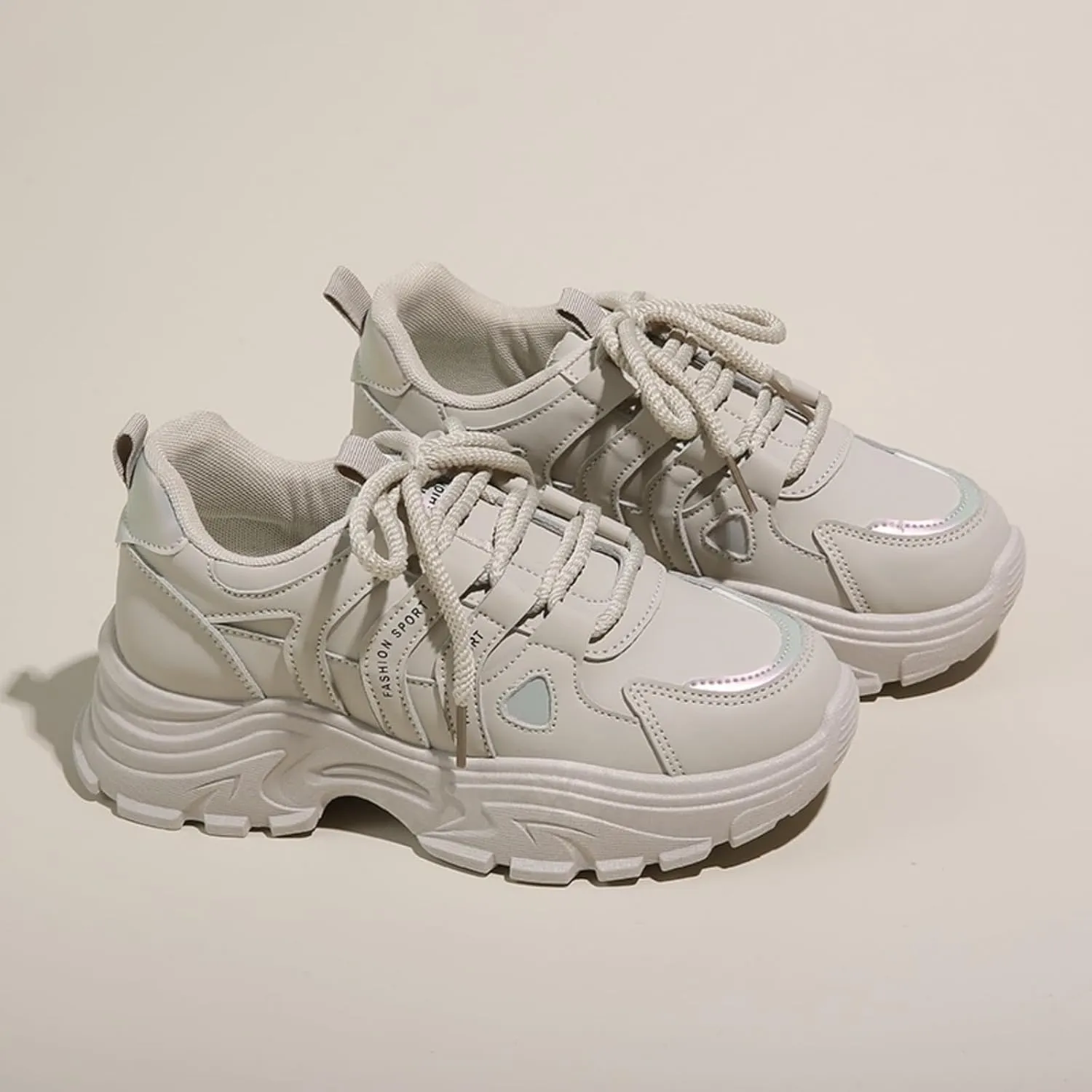 Womens Fashion Leather Lace-Up Chunky Sneakers Casual Platform Round Toe Non-Slip Sport Shoes for Walking Workout Driving