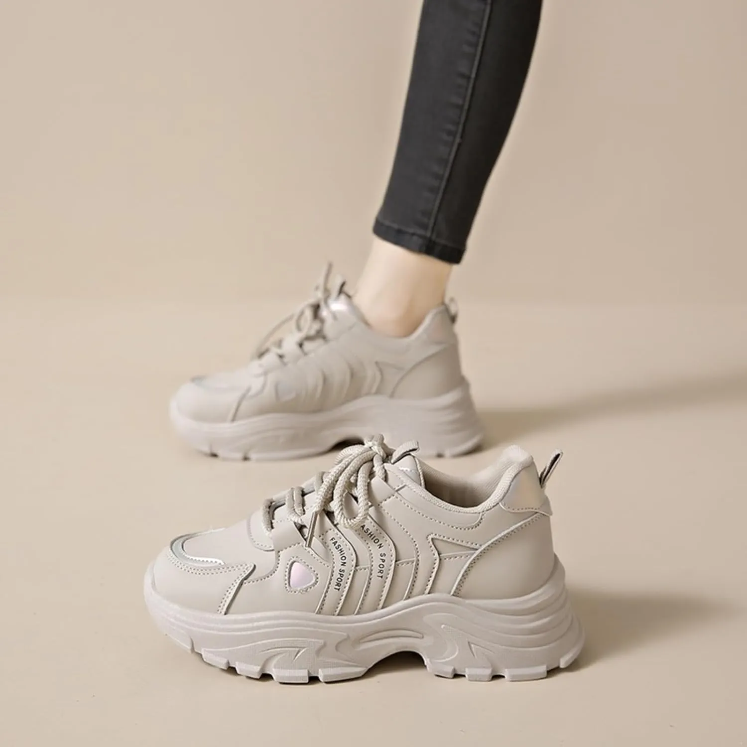 Womens Fashion Leather Lace-Up Chunky Sneakers Casual Platform Round Toe Non-Slip Sport Shoes for Walking Workout Driving