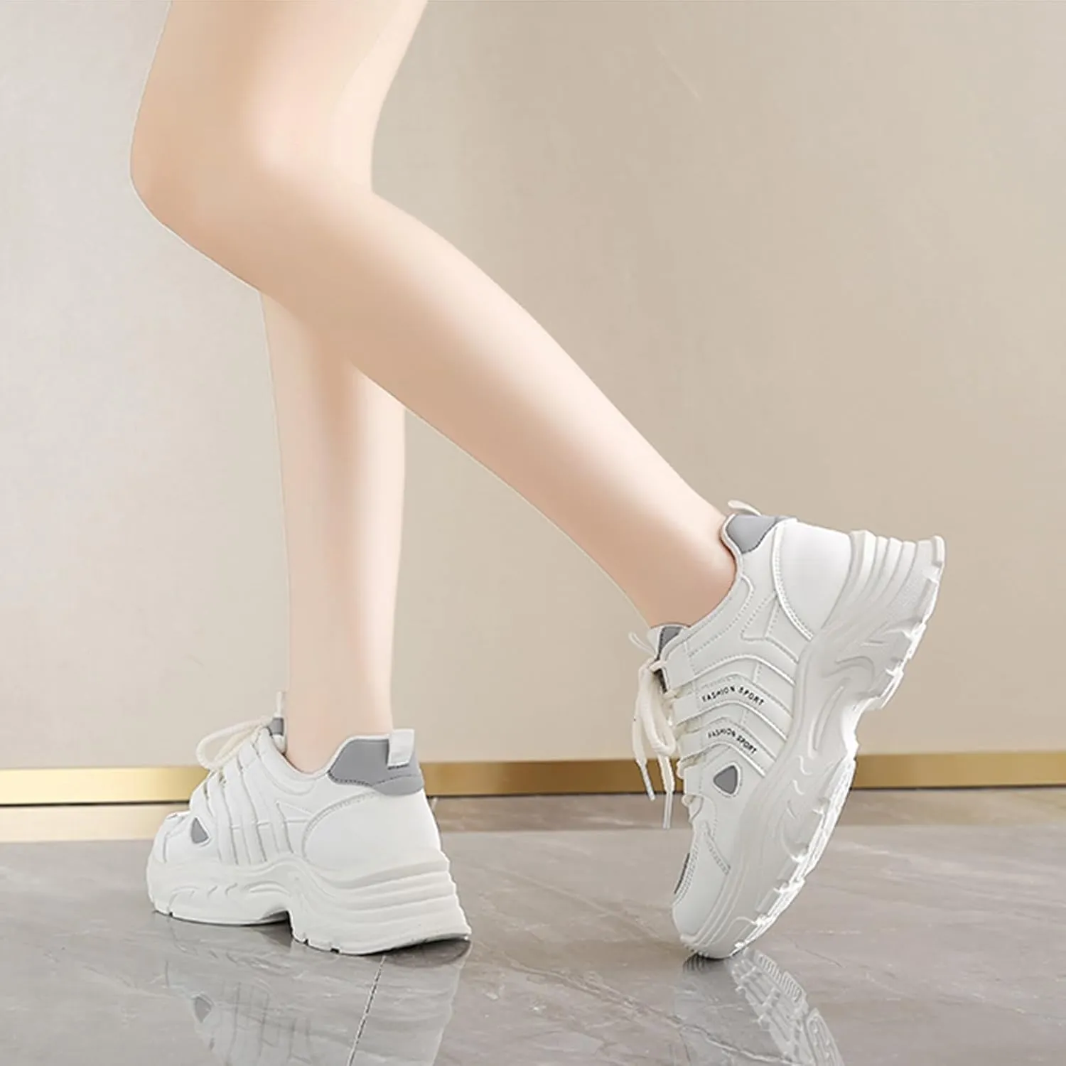 Womens Fashion Leather Lace-Up Chunky Sneakers Casual Platform Round Toe Non-Slip Sport Shoes for Walking Workout Driving