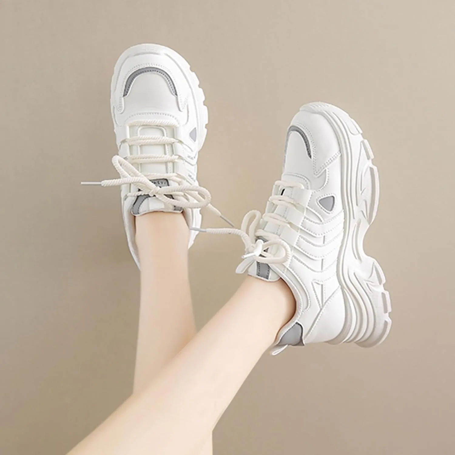 Womens Fashion Leather Lace-Up Chunky Sneakers Casual Platform Round Toe Non-Slip Sport Shoes for Walking Workout Driving