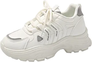 Womens Fashion Leather Lace-Up Chunky Sneakers Casual Platform Round Toe Non-Slip Sport Shoes for Walking Workout Driving