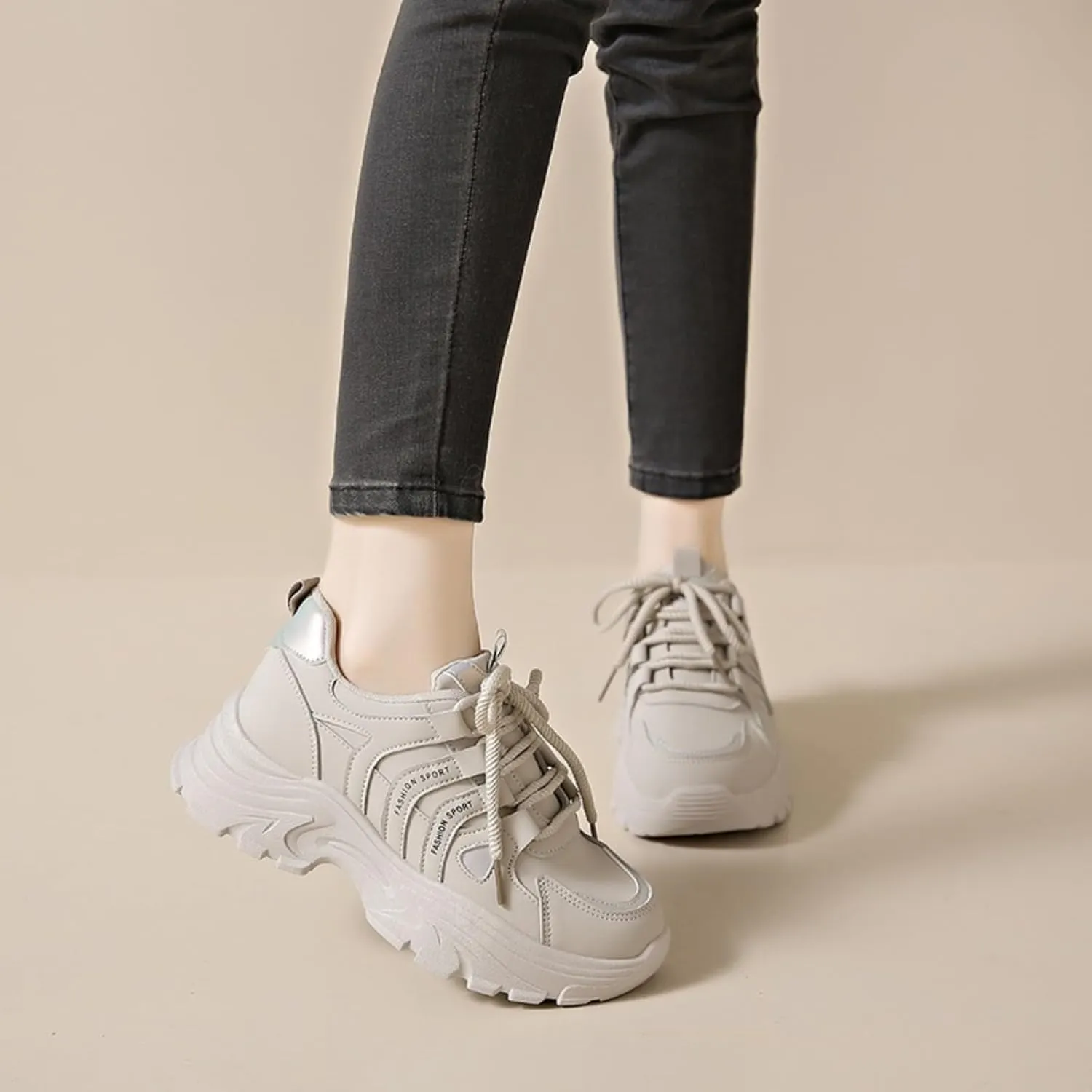 Womens Fashion Leather Lace-Up Chunky Sneakers Casual Platform Round Toe Non-Slip Sport Shoes for Walking Workout Driving