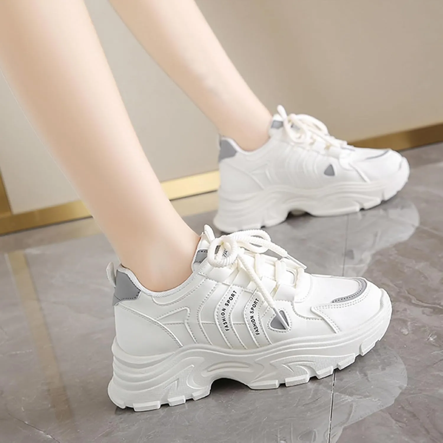 Womens Fashion Leather Lace-Up Chunky Sneakers Casual Platform Round Toe Non-Slip Sport Shoes for Walking Workout Driving
