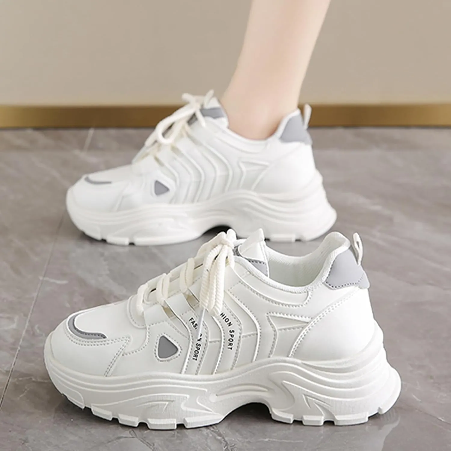 Womens Fashion Leather Lace-Up Chunky Sneakers Casual Platform Round Toe Non-Slip Sport Shoes for Walking Workout Driving
