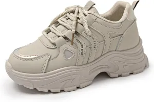 Womens Fashion Leather Lace-Up Chunky Sneakers Casual Platform Round Toe Non-Slip Sport Shoes for Walking Workout Driving